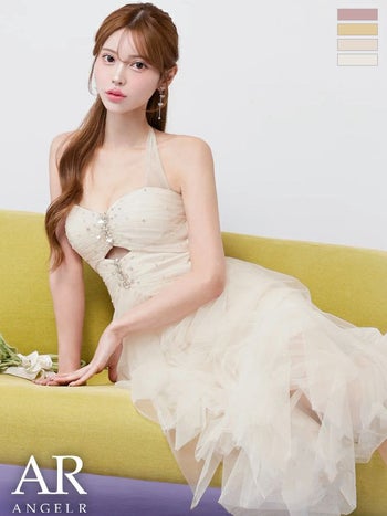 キャバドレス Angel R エンジェルアール ホルターネック フロントビジュー ウエストカット フリル メッシュ ヘムライン ネックリボン Aラインロングドレス