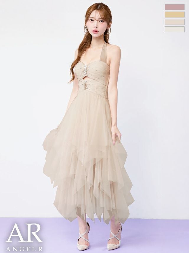 キャバドレス Angel R エンジェルアール フロントビジュー ウエストカット ホルターネック フリル メッシュ ヘムライン ネックリボン Aラインロングドレス