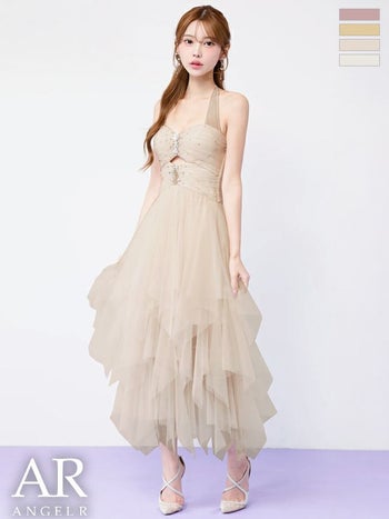 キャバドレス Angel R エンジェルアール フロントビジュー ウエストカット ホルターネック フリル メッシュ ヘムライン ネックリボン Aラインロングドレス