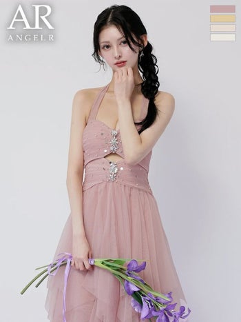 キャバドレス Angel R エンジェルアール ホルターネック ヘムライン ネックリボン フロントビジュー ウエストカット フリル メッシュ Aラインロングドレス