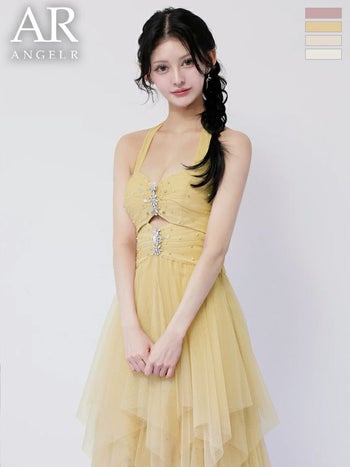 キャバドレス Angel R エンジェルアール メッシュ ヘムライン ホルターネック フロントビジュー ウエストカット フリル ネックリボン Aラインロングドレス