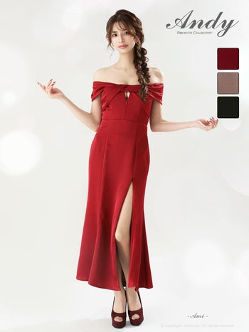 キャバドレス Andy ジップデザイン オフショルダー スリット クロスデザイン タック タイトロングドレス