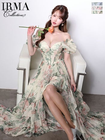 キャバドレス IRMA イルマ 2way オフショルダー 花柄 バースデー バックスピンドル フリル ロングテールドレス