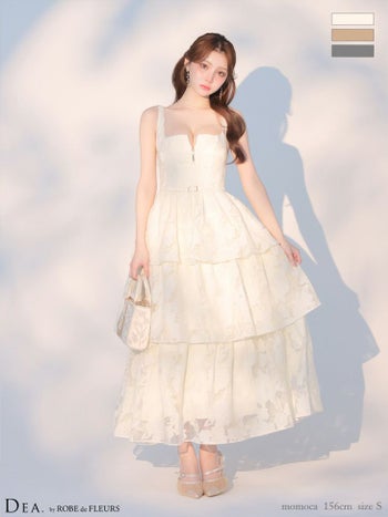 キャバドレス DEA. ディア ROBE de FLEURS ローブドフルール ノースリーブ オーガンジ ティアード ジップデザイン ウエストベルト フラワー フレアロングドレス