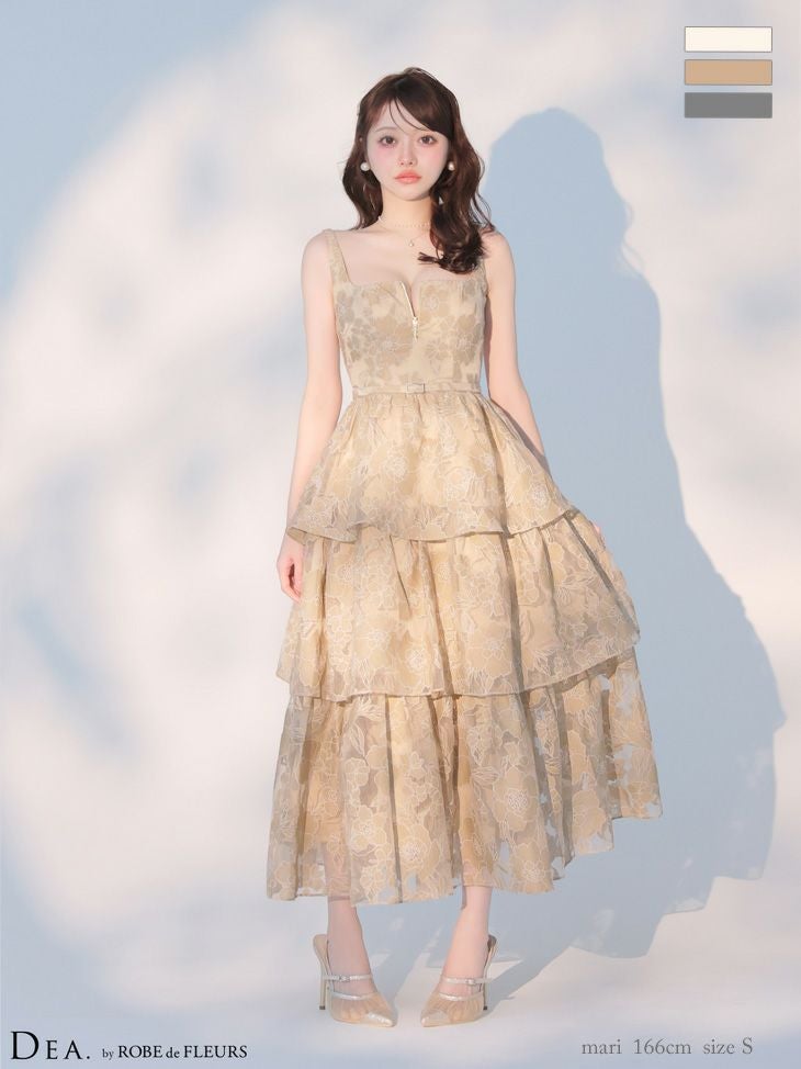 キャバドレス DEA. ROBE de FLEURS ディア ローブドフルール ティアード ジップデザインノースリーブ オーガンジ ウエストベルト フラワー フレアロングドレス