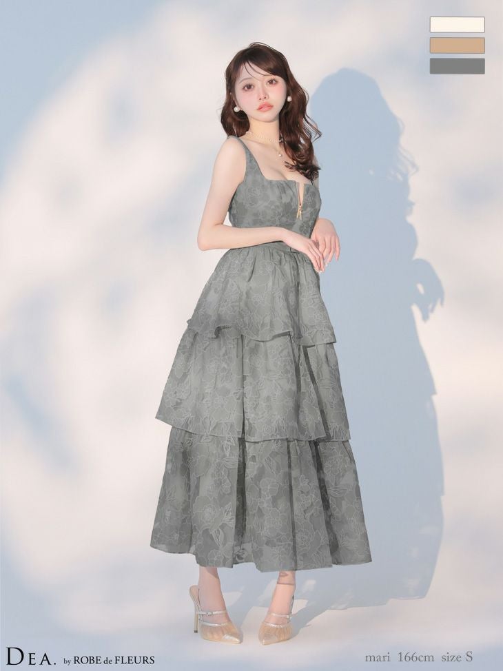 キャバドレス DEA. ROBE de FLEURS ディア ローブドフルール ジップデザイン ノースリーブ オーガンジ ウエストベルト フラワー ティアード フレアロングドレス