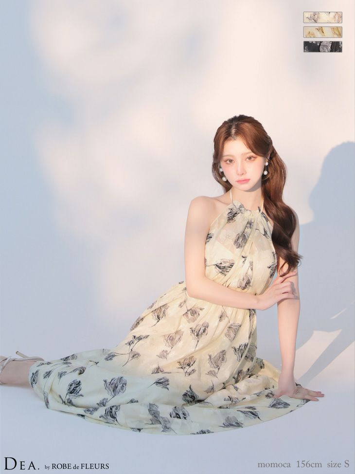 キャバドレス DEA. ROBE de FLEURS ディア ローブドフルール ホルターネック シフォン フラワージャガード シフォン バックオープン サテン 花柄 Aラインロングドレス