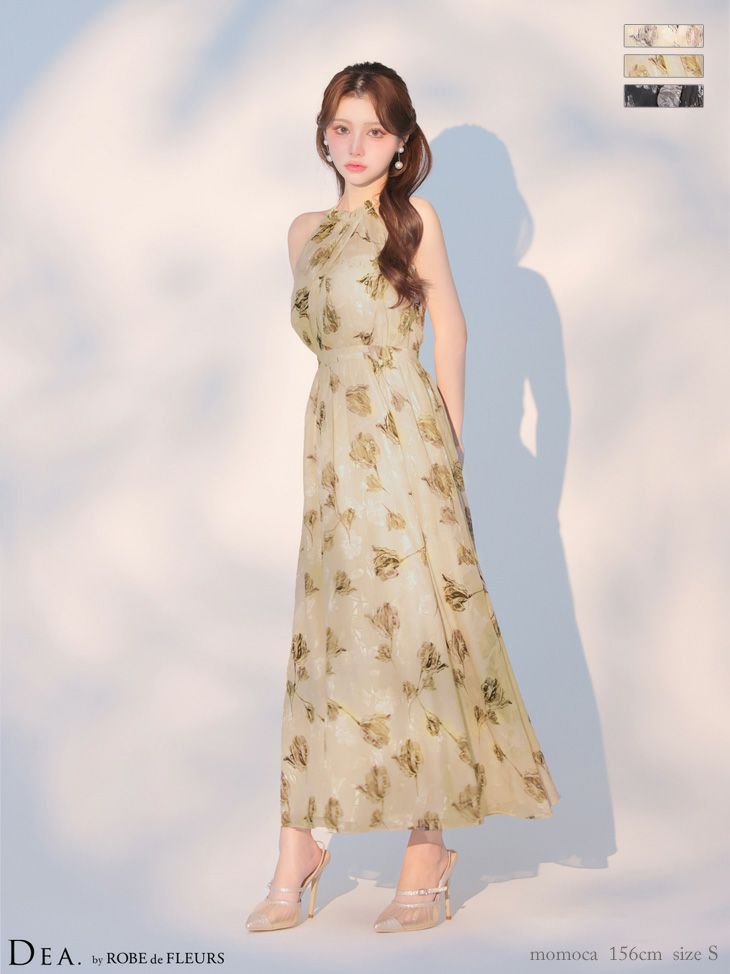 キャバドレス DEA. ROBE de FLEURS ディア ローブドフルール フラワージャガード シフォン ホルターネック シフォン バックオープン サテン 花柄 Aラインロングドレス