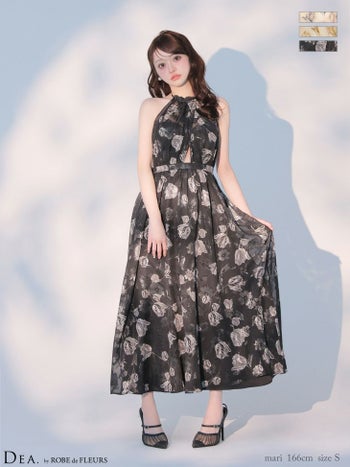 キャバドレス DEA. ROBE de FLEURS ディア ローブドフルール ホルターネック シフォン サテン 花柄 フラワージャガード シフォン バックオープン Aラインロングドレス