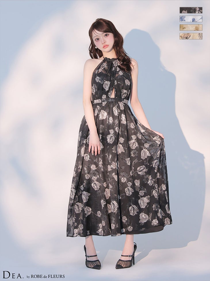 キャバドレス DEA. ROBE de FLEURS ディア ローブドフルール ホルターネック シフォン サテン 花柄 フラワージャガード シフォン バックオープン Aラインロングドレス