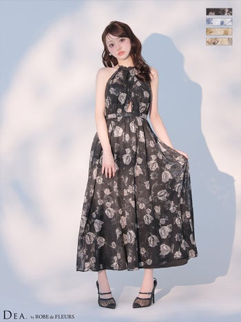 キャバドレス DEA. ROBE de FLEURS ディア ローブドフルール ホルターネック シフォン サテン 花柄 フラワージャガード シフォン バックオープン Aラインロングドレス