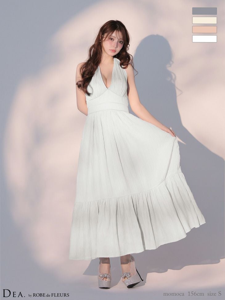 キャバドレス DEA. ROBE de FLEURS ディア ローブドフルール シフォン ホルターネック ネックリボン プリーツ Vネック フレアロングドレス