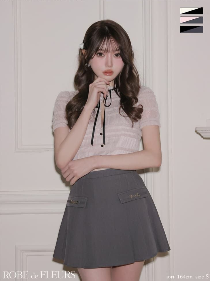 キャバドレス ROBEdeFLEURS ローブドフルール フリル リボン 半袖 セットアップ プリーツスカート ドット柄 バイカラー バストカット フレアミニドレス