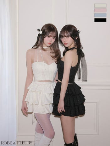 キャバドレス ROBEdeFLEURS ローブドフルール ワンショルダー ラインストーン セットアップ チュール フリル ティアード リボン フレアミニドレス