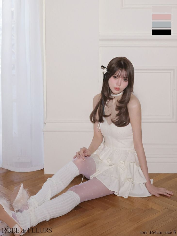 キャバドレス ROBEdeFLEURS ローブドフルール チュール フリルワンショルダー ラインストーン セットアップ ティアード リボン フレアミニドレス