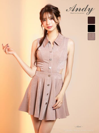 キャバドレス Andy ウエスト カットアウト ノースリーブ ボタン 襟付き フレアミニドレス