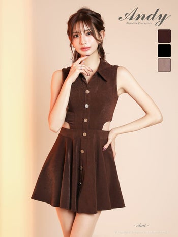 キャバドレス Andy ウエスト カットアウト ボタン ノースリーブ 襟付き フレアミニドレス