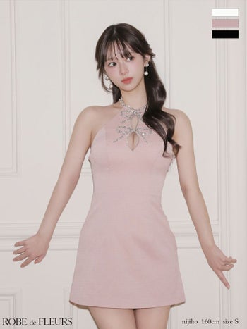 キャバドレス ROBEdeFLEURS ローブドフルール バックオープン ツイード ホルターネック ビジュー リボン タイトミニドレス