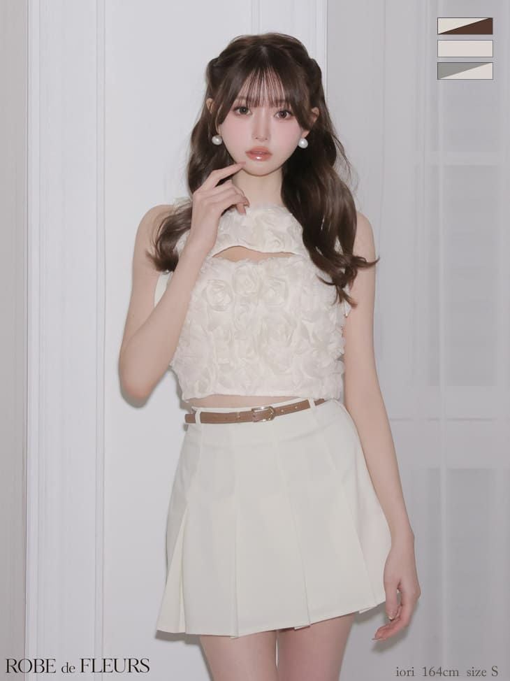 キャバドレス　ROBEdeFLEURS ローブドフルール ショルダーリボン バストカット フラワーレース ウエストベルト セットアップ プリーツスカート ノースリーブ フレアミニドレス