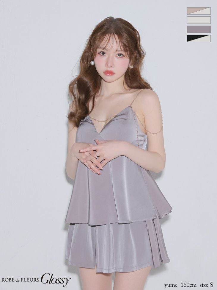 キャバドレス Glossy ROBE de FLEURS グロッシー ローブドフルール チェーン キャミソール サテン セクシー セットアップ フレアミニドレス