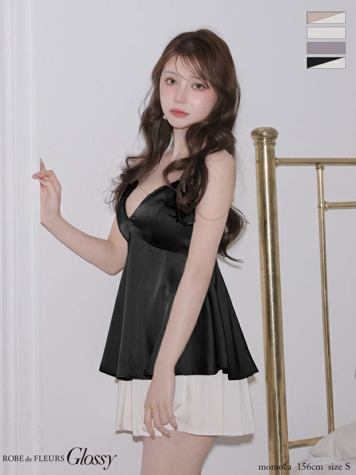キャバドレス Glossy ROBE de FLEURS グロッシー ローブドフルール キャミソール セットアップ セクシー チェーン サテン フレアミニドレス