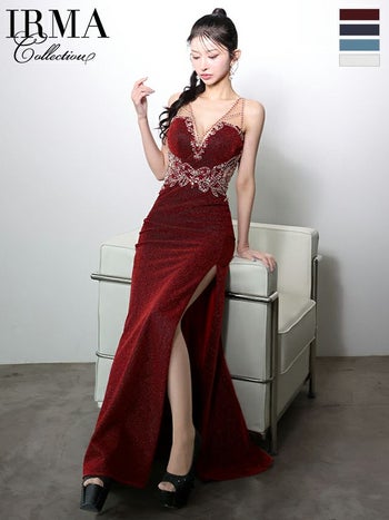 キャバドレス IRMA イルマ ノースリーブ ビジュー ラメニット バースデー バックレースアップ スリット タイトロングドレス