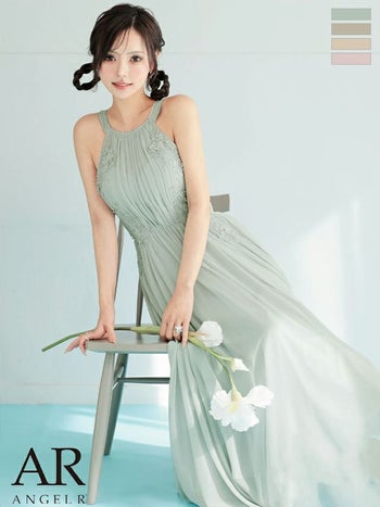 キャバドレス Angel R エンジェルアール ホルターネック プリーツ リボン フラワーレース ビジュー Aラインロングドレス