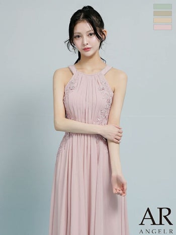 キャバドレス Angel R エンジェルアール フラワーレース ビジュー ホルターネック プリーツ リボン Aラインロングドレス