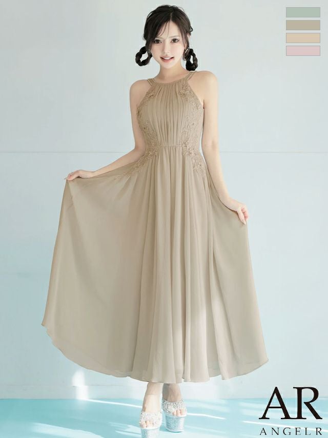 キャバドレス Angel R エンジェルアール フラワーレース ホルターネック プリーツ リボン ビジュー Aラインロングドレス