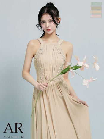 キャバドレス Angel R エンジェルアール リボン ビジュー フラワーレース ホルターネック プリーツ Aラインロングドレス