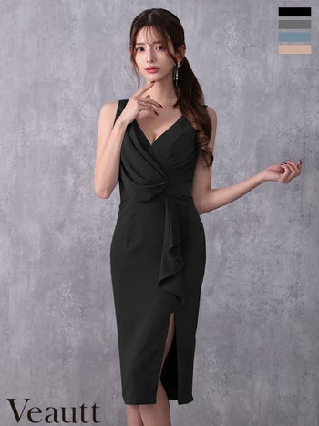 キャバドレス　Veautt ヴュート バストタック ウエストマーク フリル スリット ワンカラー ノースリーブ ドレープデザイン 膝丈ドレス