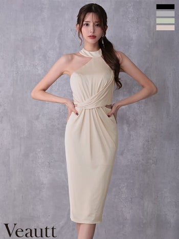 キャバドレス Veautt ヴュート ウエストクロス サイドカット アシンメトリー ホルターネック 膝丈ドレス