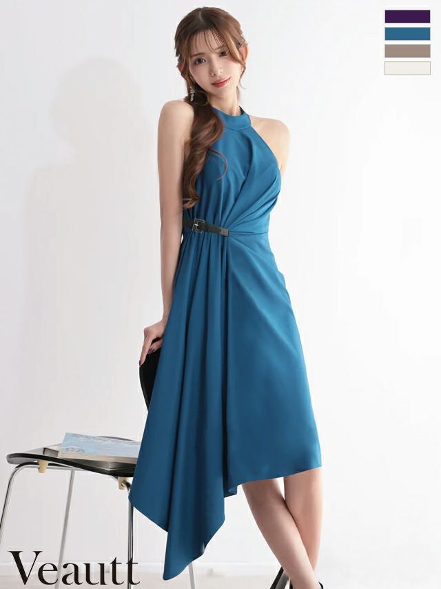 キャバドレス Veautt ヴュート ホルターネック ウエストベルト タック アシンメトリー ワンカラー 膝丈ドレス