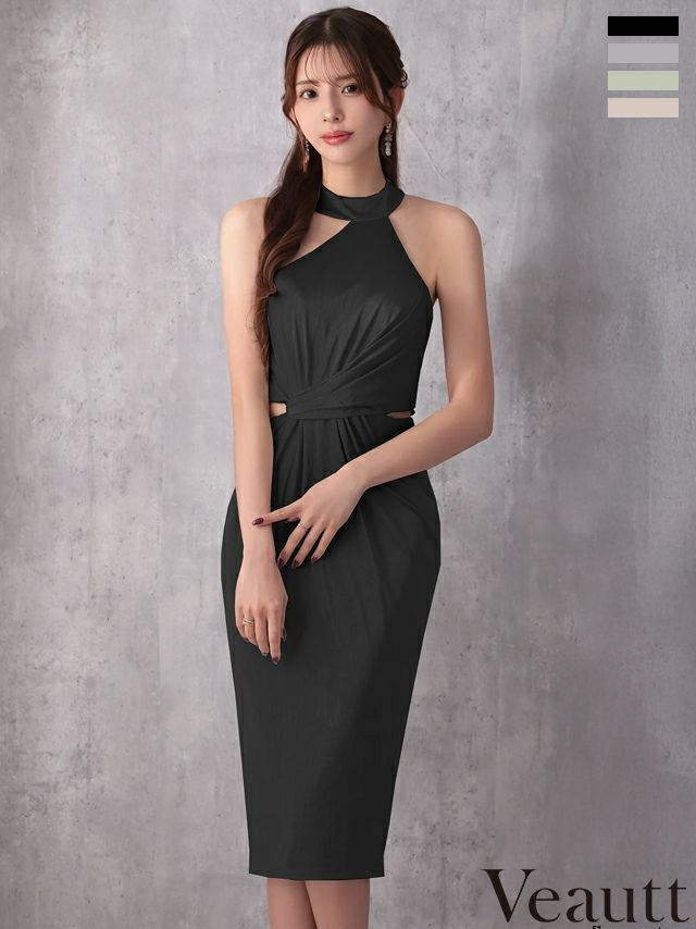 キャバドレス Veautt ヴュート ウエストクロス ホルターネック サイドカット アシンメトリー 膝丈ドレス