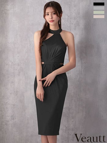 キャバドレス Veautt ヴュート ウエストクロス ホルターネック サイドカット アシンメトリー 膝丈ドレス