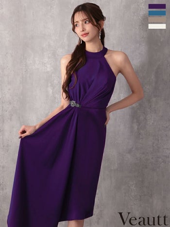 キャバドレス Veautt ヴュート タック アシンメトリー ワンカラー ホルターネック ウエストベルト 膝丈ドレス