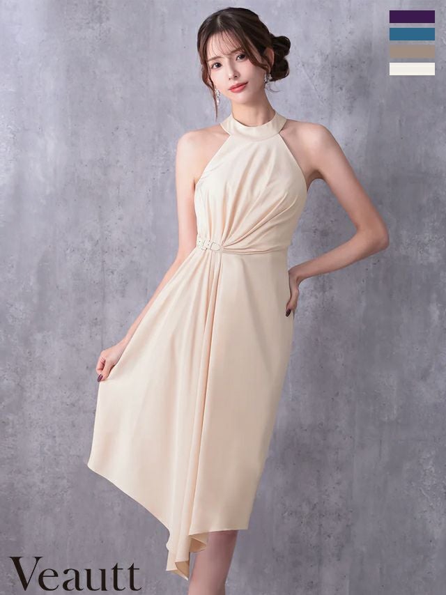 キャバドレス Veautt ヴュート アシンメトリー ワンカラー ホルターネック ウエストベルト タック 膝丈ドレス