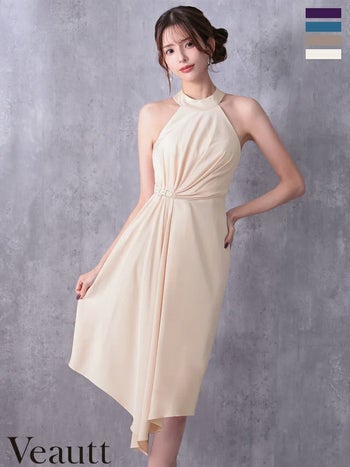 キャバドレス Veautt ヴュート アシンメトリー ワンカラー ホルターネック ウエストベルト タック 膝丈ドレス