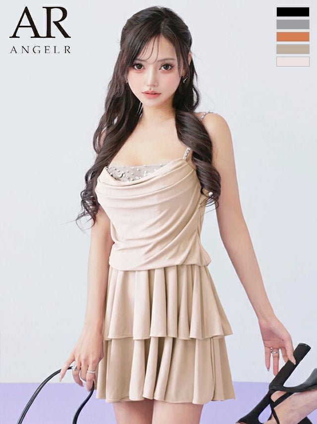キャバドレス　Angel R エンジェルアール キャミソール フロントドレープ バストビジュー フリル ティアード フレアミニドレス
