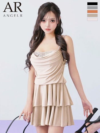 キャバドレス　Angel R エンジェルアール キャミソール フロントドレープ バストビジュー フリル ティアード フレアミニドレス