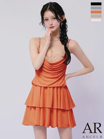 キャバドレス Angel R エンジェルアール フロントドレープ バストビジュー フリル ティアード キャミソール フレアミニドレス