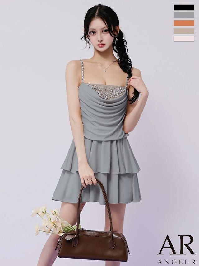 キャバドレス Angel R エンジェルアール バストビジュー フリル ティアード キャミソール フロントドレープ フレアミニドレス