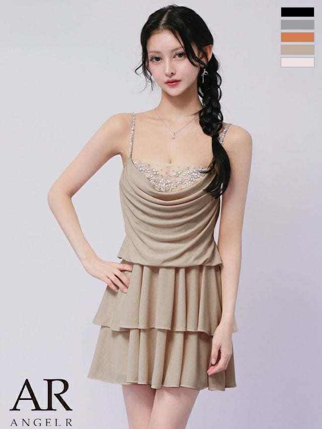 キャバドレス Angel R エンジェルアール ティアード キャミソール フロントドレープ バストビジュー フリル フレアミニドレス