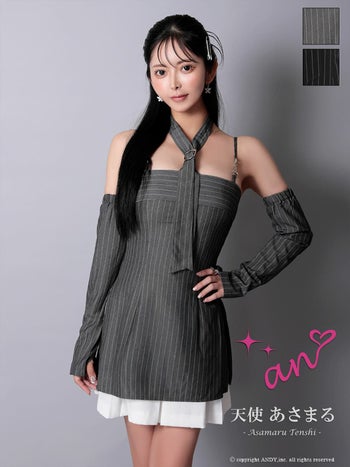 キャバドレス an ネクタイ付き キャミソール 長袖 ストライプ レイヤード プリーツ フレアミニドレス