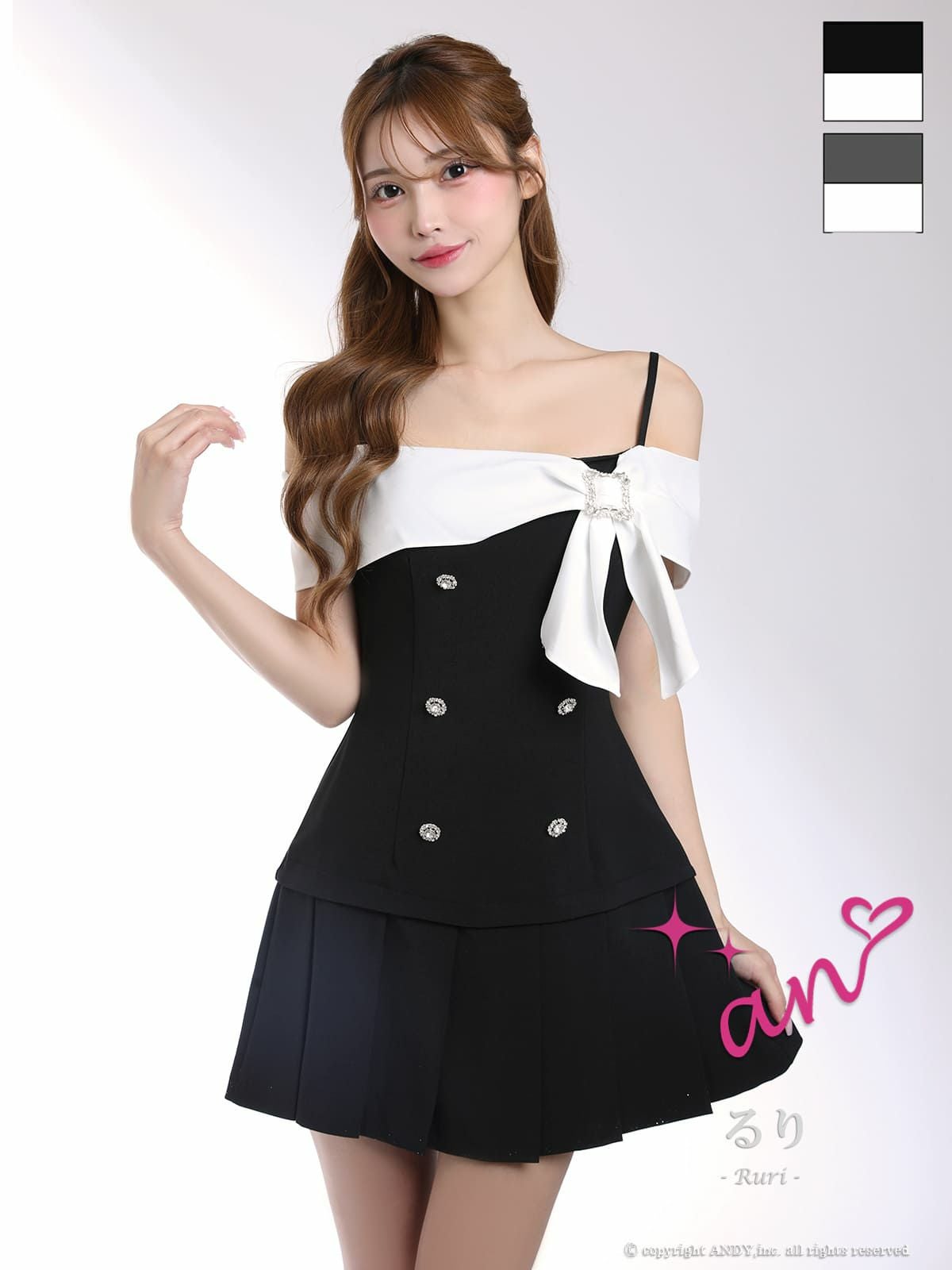 キャバドレス an リボン 肩あき ビジュー ボタン プリーツ バイカラー フレアミニドレス