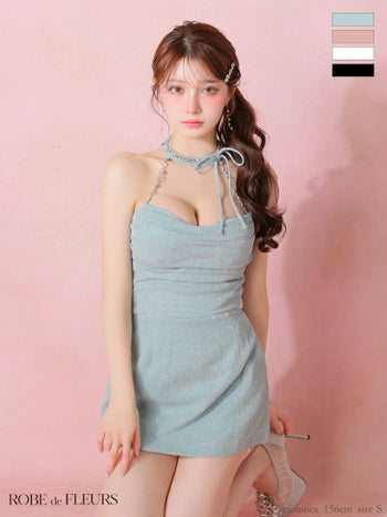 キャバドレス ROBEdeFLEURS ローブドフルール ホルターネック ラメニット セットアップ リボン ビジュー ガーリー オープンバスト タイトミニドレス