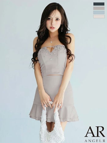 キャバドレス Angel R エンジェルアール バストカット リボン フラワービジュー フリル サテン セットアップ ベアトップ フレアミニドレス