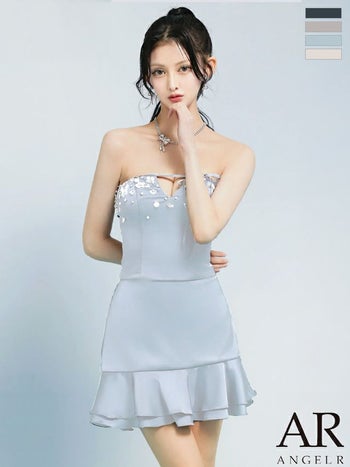 キャバドレス　Angel R エンジェルアール リボン フラワービジュー フリル サテン セットアップ ベアトップ バストカット フレアミニドレス