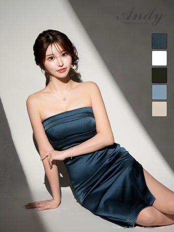 キャバドレス Andy ベアトップ タック ワンカラー スリット タイト 膝丈ドレス