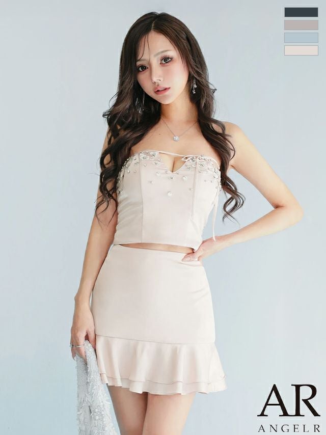 キャバドレス Angel R エンジェルアール フラワービジュー フリル サテン セットアップ ベアトップ バストカット リボン フレアミニドレス